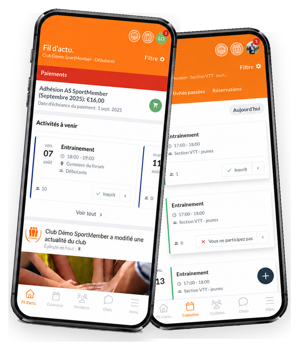 L'appli SportMember sur deux téléphones : fil d'actualité et calendrier